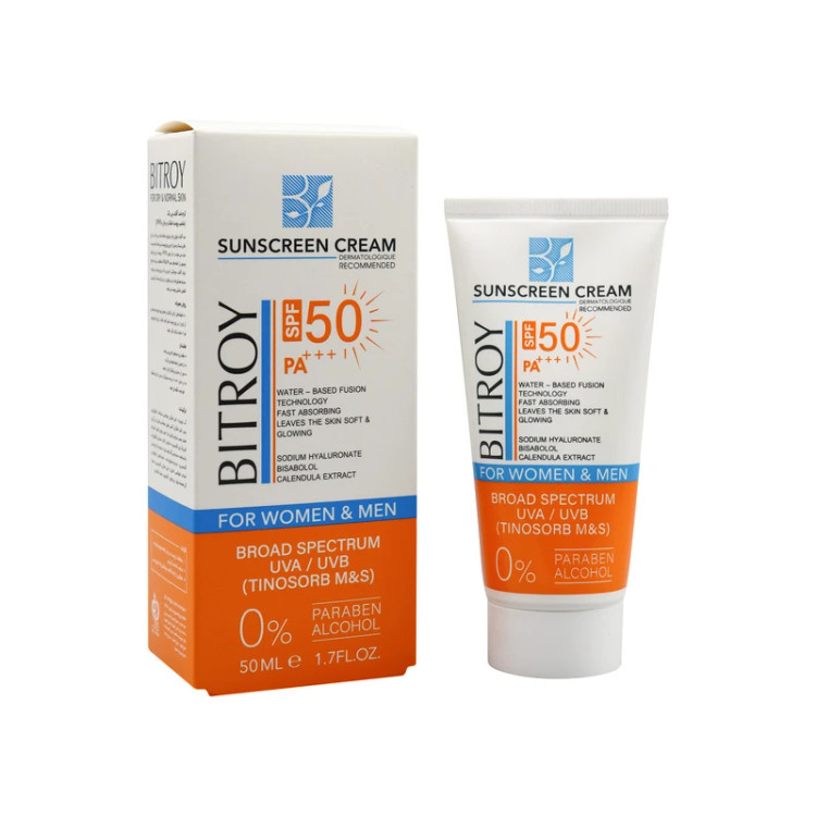 کرم ضد آفتاب بدون رنگ بیتروی SPF 50 مدل فیوژن واتر مناسب پوستهای نرمال و خشک حجم 50 میلیلیتر