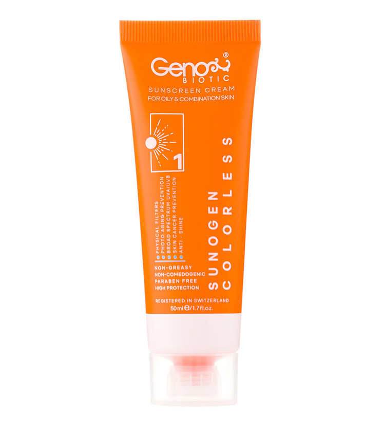 ضد آفتاب ژنوبایوتیک بی رنگ پوست چرب و مختلط مدل Sunogen با SPF50