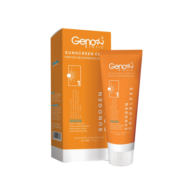 ضد آفتاب ژنوبایوتیک بی رنگ پوست چرب و مختلط مدل Sunogen با SPF50